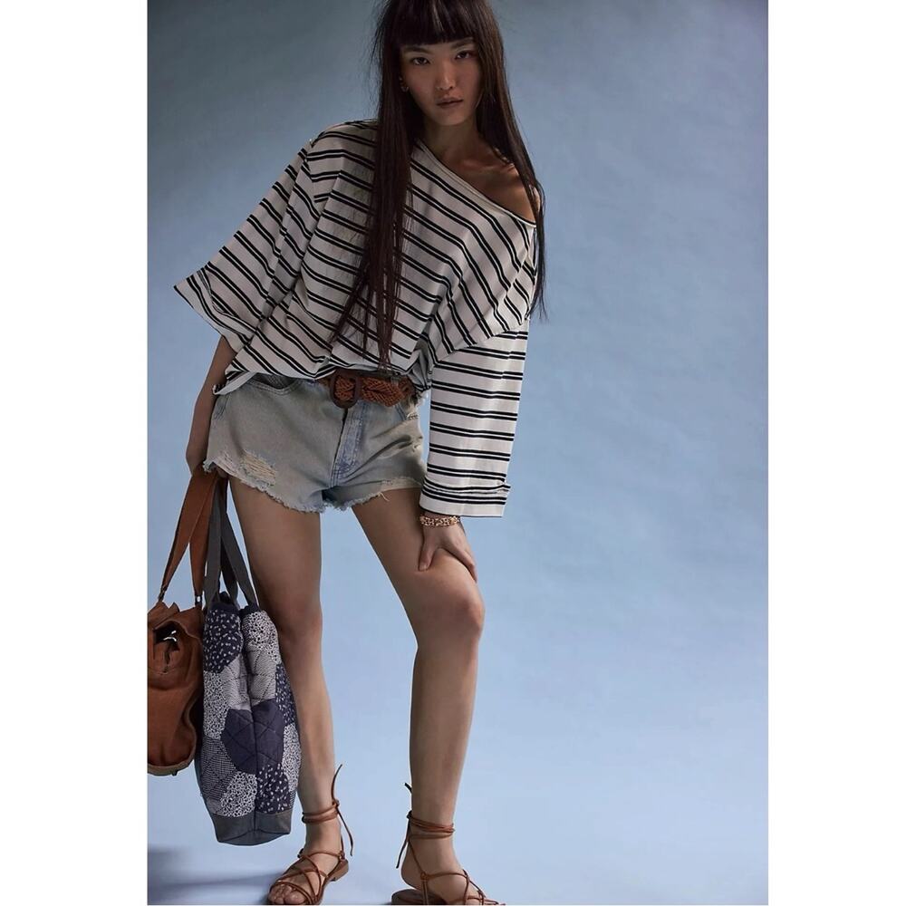 Free People Boatneck Bohemian Preppy C'est La Vie Tee Black White Stripes Large - Picture 5 of 13